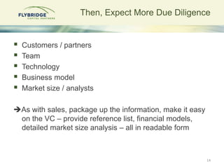 Then, Expect More Due Diligence


   Customers / partners
   Team
   Technology
   Business model
   Market size / analysts

As with sales, package up the information, make it easy
 on the VC – provide reference list, financial models,
 detailed market size analysis – all in readable form



                                                           14
 