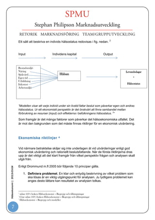 Med växande krav på analyser och ekonomiska modeller ser vi även en ökad
                            efterfrågan på ”yrkesgruppen hälsoekonomer” i Sverige. Vid konferensen för SHEA
                            2012 presenterades en intressant bild över fördelningen av dagens ekonomer.




                            Vid genomsökning i den Svenska databasen ,uppsatser.se , fanns det en studie från
                            2009 som tog upp kopplingen medicinteknik och kostnadseffektiva lösningar på
                            minskade akutbesök på vårdcentral. Studien tar upp följande slutsats i det abstract1;
                            ”Den här uppsatsen har handlat om att genomföra en hälsoekonomisk utvärdering i
                            form av en kostnadsanalys av ett telemedicinskt projekt kallat ”Hem-EKG” som ägt
                            rum inom Hässleholms sjukvårdsdistrikt.
                             Försök har gjorts att estimera kostnader som varit kopplade till användandet av
                            hem-EKG och ställa dessa mot de potentiella besparingar man kan göra genom att
                            en individ kan undvika ett onödigt akutbesök.
                             Resultatet av uppsatsen är att det finns indikationer på att hem-EKG har varit
                            kostnadsbesparande men det är omöjligt att säga hur mycket på grund av
                            avsaknaden av en kontrollgrupp.

                              Utöver detta är det här den första svenska studien på den här typen av
Hälsoekonomi | 2013-03-04




                            telemedicinsk teknologi (hem-EKG). Det innebär att man kan dra lärdomar från den
                            här uppsatsen om nya, mer säkra, studier på området skall genomföras.
                            Nyckelord: hälsoekonomi, hem-EKG, hälsoekonomisk utvärdering, kostnadsanalys”

                            På grund av den komplexa situation varje individ lever i är det stora problem med
                            distinkta avgränsningar när individens hälsostatus skall beräknas/redovisas.


                            1
                                http://www.lunduniversity.lu.se/o.o.i.s?id=24965&postid=1479150

         7
 