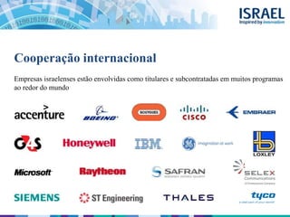 Cooperação internacional
Empresas israelenses estão envolvidas como titulares e subcontratadas em muitos programas
ao redor do mundo
 