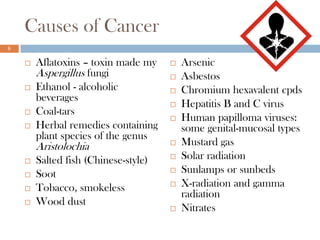 Causes of Cancer
6

       Aflatoxins – toxin made my       Arsenic
        Aspergillus fungi                Asbestos
       Ethanol - alcoholic              Chromium hexavalent cpds
        beverages
                                         Hepatitis B and C virus
       Coal-tars
                                         Human papilloma viruses:
       Herbal remedies containing        some genital-mucosal types
        plant species of the genus
        Aristolochia                     Mustard gas
       Salted fish (Chinese-style)      Solar radiation
       Soot                             Sunlamps or sunbeds
       Tobacco, smokeless               X-radiation and gamma
                                          radiation
       Wood dust
                                         Nitrates
 