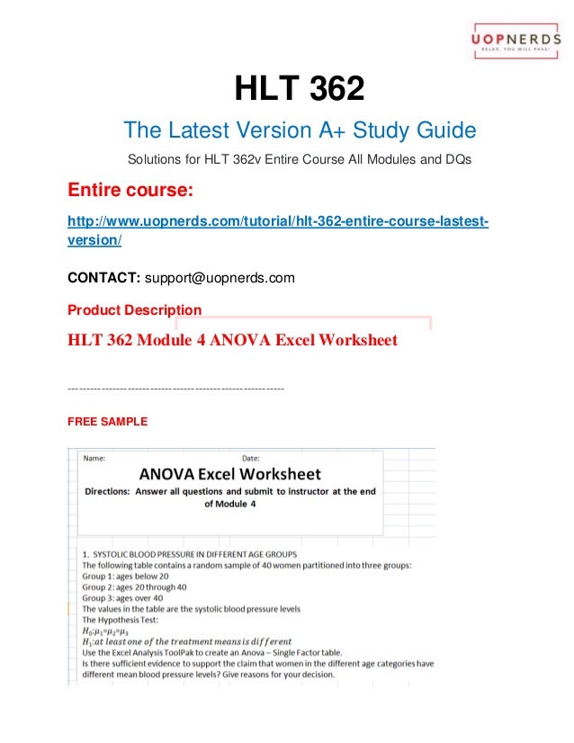 Hlt 362 module 4 anova excel worksheet