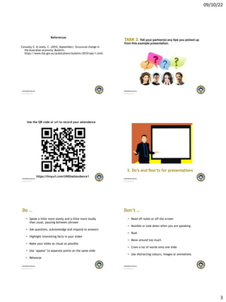 09/10/22
3
1970
References
Connolly, E. & Lewis, C. (2010, September). Structural change in
the Australian economy. Bulletin.
https://www.rba.gov.au/publications/bulletin/2010/sep/1.html
TASK 2: Tell your partner(s) any tips you picked up
from this example presentation.
Use the QR code or url to record your attendance
https://tinyurl.com/UNDAattendance1
3. Do’s and Don’ts for presentations
Do …
• Speak a little more slowly and a little more loudly
than usual, pausing between phrases
• Ask questions, acknowledge and respond to answers
• Highlight interesting facts in your slides
• Make your slides as visual as possible
• Use ‘appear’ to separate points on the same slide
• Rehearse
Don’t …
• Read off notes or off the screen
• Mumble or look down when you are speaking
• Rush
• Move around too much
• Cram a lot of words onto one slide
• Use distracting colours, images or animations
 