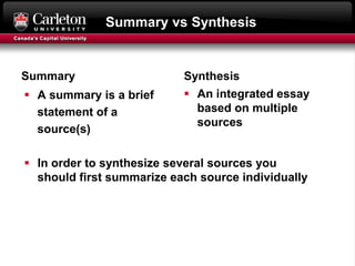 Summary vs Synthesis
Summary
 A summary is a brief
statement of a
source(s)
 In order to synthesize several sources you
should first summarize each source individually
Synthesis
 An integrated essay
based on multiple
sources
 