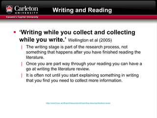 Writing and Reading
 ‘Writing while you collect and collecting
while you write.’ Wellington et al (2005)
| The writing stage is part of the research process, not
something that happens after you have finished reading the
literature.
| Once you are part way through your reading you can have a
go at writing the literature review.
| It is often not until you start explaining something in writing
that you find you need to collect more information.
https://www2.le.ac.uk/offices/ld/resources/writing/writing-resources/literature-review
 
