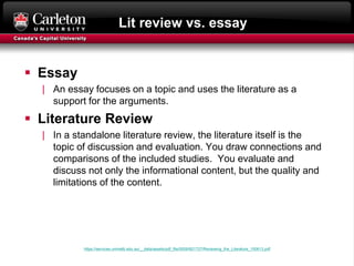 Lit review vs. essay
 Essay
| An essay focuses on a topic and uses the literature as a
support for the arguments.
 Literature Review
| In a standalone literature review, the literature itself is the
topic of discussion and evaluation. You draw connections and
comparisons of the included studies. You evaluate and
discuss not only the informational content, but the quality and
limitations of the content.
https://services.unimelb.edu.au/__data/assets/pdf_file/0009/821727/Reviewing_the_Literature_150613.pdf
 