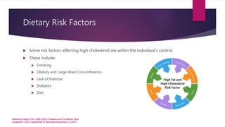 Dietary Risk Factors
 Some risk factors affecting high cholesterol are within the individual’s control.
 These include:
 Smoking
 Obesity and Large Waist Circumference
 Lack of Exercise
 Diabetes
 Diet
Reference: Mayo Clinic Staff (2015). Diseases and Conditions High
cholesterol. (2015, September 4). Retrieved November 12, 2015.
 
