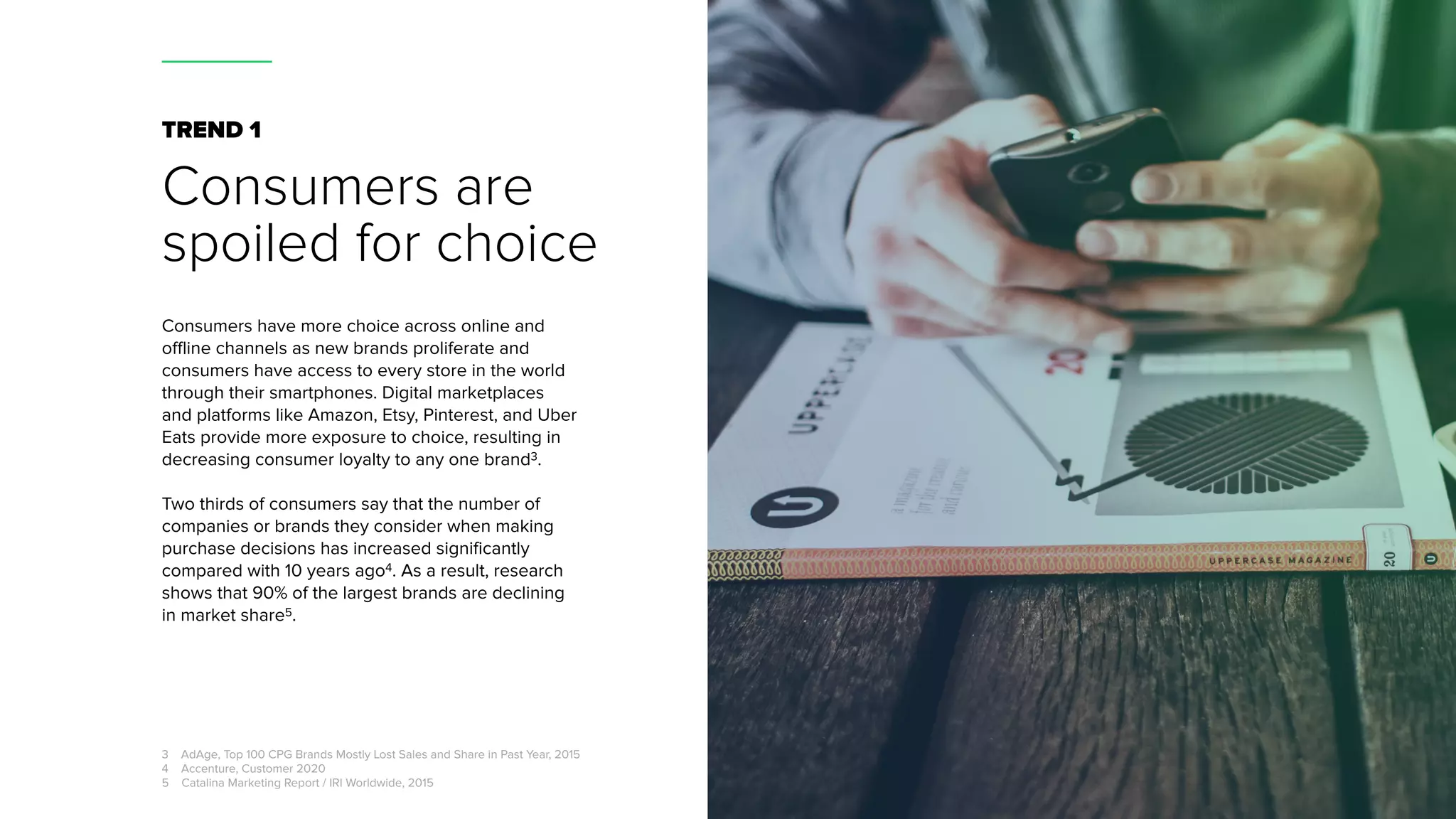 TREND 1
Consumers are
spoiled for choice
Consumers have more choice across online and
offline channels as new brands proliferate and
consumers have access to every store in the world
through their smartphones. Digital marketplaces
and platforms like Amazon, Etsy, Pinterest, and Uber
Eats provide more exposure to choice, resulting in
decreasing consumer loyalty to any one brand3.
Two thirds of consumers say that the number of
companies or brands they consider when making
purchase decisions has increased significantly
compared with 10 years ago4. As a result, research
shows that 90% of the largest brands are declining
in market share5.
3 AdAge, Top 100 CPG Brands Mostly Lost Sales and Share in Past Year, 2015
4 Accenture, Customer 2020
5 Catalina Marketing Report / IRI Worldwide, 2015
 