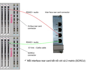 Hi-Que rear card
connector
E1 link – Cat5e cable
MatrixAMatrixB
SCRCU
connector
 Mỗi interface rear card kết nối với cả 2 matrix (SCRCU)
Inter face rear card connector
RS422 + audio
RS422 + audio
 