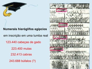 Numerais hieróglifos egípcios 123.440 cabeças de gado 223.400 mulas 232.413 cabras  em inscrição em uma tumba real 243.688 búfalos (?) 