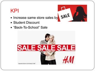 KPI
 Increase same store sales by 15%
 Student Discount
 “Back-To-School” Sale
 