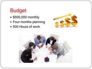 Budget
 $500,000 monthly
 Four months planning
 500 Hours of work
 