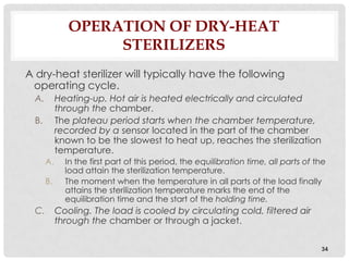 OPERATION OF DRY-HEAT
                    STERILIZERS
A dry-heat sterilizer will typically have the following
 operating cycle.
  A.        Heating-up. Hot air is heated electrically and circulated
            through the chamber.
  B.        The plateau period starts when the chamber temperature,
            recorded by a sensor located in the part of the chamber
            known to be the slowest to heat up, reaches the sterilization
            temperature.
       A.     In the first part of this period, the equilibration time, all parts of the
              load attain the sterilization temperature.
       B.     The moment when the temperature in all parts of the load finally
              attains the sterilization temperature marks the end of the
              equilibration time and the start of the holding time.
  C.        Cooling. The load is cooled by circulating cold, filtered air
            through the chamber or through a jacket.

                                                                                      34
 