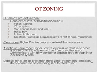 OT ZONING
Outermost protective zone:
    Generally at level of hospital cleanliness
       Patient waiting,
       OT reception,
       Staff change rooms and toilets,
       Trolley-bay,
       Patient traffic area,
       Cafeteria. Positive air-pressure relative to rest of hosp. maintained.

Clean zone: Higher Positive air-pressure level than outer zone.

Aseptic or sterile zone: Higher Positive air-pressure relative to other
    areas so as to exclude entry of air from any other areas.
    Communicate with dirty corridor or disposal area through inter-
    lock hatch system.

Disposal zone: less air press than sterile zone. Instruments temporary
     stored/collected before being sent for sterilization.            50
 