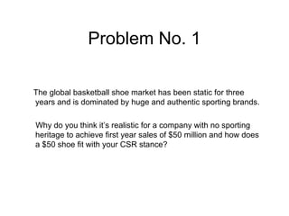 Problem No. 1

The global basketball shoe market has been static for three
years and is dominated by huge and authentic sp...