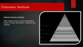 Consumer Analysis
Maslow’s Hierarchy of Needs:
H&M satisfies esteem and self-actualization
needs, including: self-esteem, confidence and
creativity
 