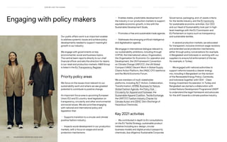 Our public affairs work is an important enabler
to address systemic issues and achieve policy
developments needed to support meaningful
growth in our industry.
We engage with governments on key
environmental, social and business topics.
The central team reports directly to our chief
financial officer and sets the direction for teams
in our retail and production markets. HM Group
is listed in the EU Transparency Register.
Priority policy areas
We focus on the issues most relevant to our
sustainability work and where we see greatest
potential to contribute to positive change.
An important focus area is upcoming European
Union (EU) and EU country-level legislation on
transparency, circularity and other environmental
and social issues. We also prioritise engaging
with national and international policy and
legislation that:
— Supports transition to a circular and climate
positive fashion industry.
— Impacts social development in our production
markets, with a focus on wages and social
protection mechanisms.
— Enables stable, predictable development of
the industry in our production markets to support
equitable economic growth, in line with the
Sustainable Development Goals.
— Promotes a free and sustainable trade agenda.
— Addresses the emerging artificial intelligence
and digitalisation agenda.
We engage in international dialogue relevant to
our sustainability ambitions, including through
COP26, the International Labour Organization,
the Organisation for Economic Co-operation and
Development, the UN Framework Convention
on Climate Change (UNFCCC), the UN Global
Compact (UNGC) Decent Work in Global Supply
Chains Action Platform, the UNGC CFO taskforce
and the World Economic Forum.
We are members of multi-stakeholder
platforms, including ACT (Action, Collaboration,
Transformation), AFIRM, Business for Nature,
Global Fashion Agenda, the Policy Hub —
Circularity for Apparel and Footwear, the
Sustainable Apparel Coalition, Textile Exchange,
the UNFCCC Fashion Industry Charter for
Climate Action and ZDHC (Zero Discharge of
Hazardous Chemicals).
Key 2021 activities
— We contributed in depth to EU consultations
on the EU Textile Strategy, sustainable product
initiative (including eco-design, circular
business models and digital product passports),
chemicals, due diligence (Sustainable Corporate
Governance), packaging, end-of-waste criteria
for the textile industry, and the EU taxonomy
for sustainable economic activities. Our CEO
and our Head of Sustainability took part in high-
level meetings with the EU Commission and
EU Parliament on topics such as transparency
and sustainable textiles.
— In several production markets, we advocated
for transparent, inclusive minimum wage revisions
and extended social protection mechanisms,
either through policy conversations (for example,
in Bangladesh and Indonesia) or working with our
suppliers to ensure full enforcement of the law
(for example, in Turkey).
— We engaged with national authorities to
support reforms towards a cleaner energy
mix, including in Bangladesh (on the revision
of the Renewable Energy Policy), Cambodia,
and Indonesia (together with CEIA – Clean
Energy Investment Accelerator). In Turkey and
Bangladesh we started a collaboration with
United Nations Development Programme (UNDP)
to understand the legal framework and advocate
for the shift towards a climate positive industry.
Engaging with policy makers
P.11	 TR ANSPARENT REPORTING SINCE 2002
HOW WE LEAD THE CHANGE
OUR APPROACH TO SUSTAINABILIT Y CIRCUL AR  CLIMATE POSITIVE FAIR  EQUAL SUPPLY CHAIN MANAGEMENT HOW WE REPORT
HIGHLIGHTS 2021
 