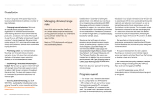 Climate Positive
To ensure progress at the speed required, we
have launched initiatives to address a number of
key challenges:
— Changing internal behaviour. We’ve set
up internal carbon pricing to support our
organisation to minimise carbon emissions
when making decisions about which materials,
production processes and modes of transport
to use. Choices with higher emissions will impact
a product’s margin negatively. We set an initial
carbon price in 2021, which we will increase over
time to shift behaviour towards more sustainable
buying decisions.
— Prioritising action. Our Climate Positive
Roadmap tool forecasts future emissions
scenarios for our full value chain and calculates
the levers for greatest impact reduction,
allowing us to prioritise where to invest.
— Establishing a dedicated climate impact
budget. We have set up a green investment team
with a single focus: financially support projects
to reduce HM Group´s emissions throughout
the value chain. The team will measure return
on investment by emissions reductions, not
financial gain.
— Sourcing external financing. Our EUR
500 million sustainability-linked bond provides
external finance for carbon reduction activities.
Find out more about our sustainability-
linked bond.
Collaboration is essential to tackling the
global climate crisis. Climate is a main focus
of our longstanding partnership with WWF.
We engage with policy makers to develop
legislation in support of a low carbon future —
for example as part of the steering committee
of the United Nations Framework Convention
on Climate Change (UNFCCC) Fashion Industry
Charter for Climate Action.
We also partner with peers to reduce
emissions across shared transport supply
chains. As well as being a signatory to the
Arctic Shipping Corporate Pledge, we
are members of BSR’s Clean Cargo and
Sustainable Air Freight Alliance, Green Freight
Asia, Network for Transport Measures and
The Pathways Coalition. We require sea
transporters to register their environmental
performance in the Clean Shipping Index or
Clean Cargo Working Group for evaluation.
Read more about our approach to tackling
climate change.
Progress: overall
— Our scope 1 and 2 emissions decreased
by 22%, compared to our 2019 baseline
(–34% compared to last year) and our scope
3 emissions decreased by 9%, compared
to our 2019 baseline (+6% compared to last
year). The scope 1 and 2 decrease is driven by
purchase of renewable electricity certificates.
Decreases in our scope 3 emissions over time are led
by a continued shift to more sustainable and recycled
materials and reduction in air transport, as well as
being influenced by Covid-related issues such as
fluctuations in order volumes. The increase in scope
3 emissions compared to last year was largely due
to a rebound in production and sales and related
increases in product transportation, following the
significant impact of the Covid-19 pandemic in 2020.
— We launched our internal carbon pricing
programme, sustainability-linked bond and Climate
Positive Roadmap tool, and we set up our new green
investment team.
— To support development of a new Logistics
Roadmap, we reviewed current climate impacts
across our logistics activities. We will use the findings
to develop a clear set of actions.
— We collaborated with policy makers to catalyse
systemic change, including joining the UNFCCC
Race to Zero and engaging in COP26.
— In our 2021 stakeholder survey, 50% of
respondents rate our climate positive work as good
or very good.
Managing climate change
risks
Since 2019, we’ve used the Task Force
on Climate-related Financial Disclosures
(TCFD) guidance to analyse and understand
our key climate-related risks and
opportunities.
Read our TCFD disclosure in our Annual
and Sustainability Report.
P.21	 TR ANSPARENT REPORTING SINCE 2002
CIRCUL AR  CLIMATE POSITIVE
HOW WE LEAD THE CHANGE
OUR APPROACH TO SUSTAINABILIT Y FAIR  EQUAL SUPPLY CHAIN MANAGEMENT HOW WE REPORT
HIGHLIGHTS 2021
 