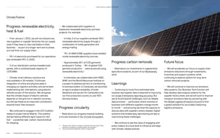 Climate Positive
Progress: renewable electricity,
heat  fuel
— From January 1, 2022, we will not onboard any
new suppliers or supplier factories into our supply
chain if they have on-site coal boilers in their
factories — as part of a longer-term aim to phase
out coal from our supply chain.
— 95% of electricity purchased for our operations
was renewable (90% in 2020).
— 5 of our distribution centres installed solar
panels, with a combined peak capacity of
1,375 MWh.
— Climate-smart delivery solutions are
now available in 34 markets.1
Continued
integration of online and physical sales is
changing our logistics activities, and we’ve been
implementing last-mile delivery using electric
vehicles as part of the solution. We recognise
that the climate impact of electric vehicles
depends on the grid mix in relevant countries,
but still see these as an important contribution
towards fossil-free transport.
— We continued to engage in the LEO Coalition
research project led by Maersk. The coalition
started testing different lignin types for LEO
fuel — a potential near-carbon-neutral biofuel
for shipping.
— We collaborated with suppliers to
implement renewable electricity and heat
projects. For example:
	
– In India, 2 of our suppliers achieved 100%
renewable electricity supply through a
combination of onsite generation and
energy trading.
	
– 75% of HM HOME suppliers have installed
onsite renewable electricity sources.
	
– Approximately 60% of COS garments
produced in Turkey — 18% of global COS
garment production — were produced using
renewable electricity.2
	
– In Indonesia, we collaborated with HSBC,
WWF and the World Resources Institute on
a project to address barriers to transitioning
to biomass boilers. In Cambodia, we launched
an app to enable traceability of boiler
feedstock and we aim for Cambodia to be
our first production country to use 100%
biomass boilers.
Progress: circularity
— Read about our progress towards building
a circular business in Our Circular Ecosystem.
1)	
Climate-smart refers to transport initiatives that have lower CO2e
emissions compared to standard diesel road transport.
2)	 During the period September 2020 to August 2021.
Progress: carbon removals
— Read about our investments in regenerative
agriculture projects, as part of our Biodiversity
work.
Learnings
— Continuing to move from estimated data
towards real supplier data is essential to improving
our scope 3 emissions reporting accuracy. But
we’ve found several challenges, such as reliable
data provision — particularly where volumes of
business with different suppliers change month
to month — and ensuring we have the capacity to
discuss data with suppliers where needed. Digital
solutions that enable easy data sharing are key to
overcoming these challenges.
— We continue to see the value of engaging with
policy makers at a local level to influence and align
with climate-related policies.
Future focus
— We will accelerate our focus on supply chain
emissions reductions through investments,
incentives and support systems, while
continuing to explore options for long-term
carbon removals projects.
— We will continue to improve our emissions
data systems. Our Business Tech function will
help develop data analysis systems for the
supplier factory level, and we will work to improve
transport emissions data by partnering with
the Global Logistics Emissions Council to find
a global standard for accurately measuring
logistics emissions.
P.24	 TR ANSPARENT REPORTING SINCE 2002
CIRCUL AR  CLIMATE POSITIVE
HOW WE LEAD THE CHANGE
OUR APPROACH TO SUSTAINABILIT Y HIGHLIGHTS 2021 HOW WE REPORT
SUPPLY CHAIN MANAGEMENT
FAIR  EQUAL
 