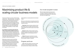 CIRCULAR CUSTOMER JOURNEY:
Maximising product life 
scaling circular business models
The future of fashion is circular. Instead of linear
resource use — take, make, waste — we continue
to develop ways of doing business that enable
products to be used for longer and reused.
We are working to provide accessible ways for
customers to experience and engage in circular
fashion and choose more sustainable options.
Circular design, focusing on key qualities like
durability and recyclability, is a major enabler
for this shift.
Our ambition to maximise product life and
offer circular business models at scale helps
us build a resilient, customer-focused business.
Expanding circular business models allows us to
meet the growing demand for sustainable design
and services, and to develop more long-term,
meaningful relationships with customers as they
use repair, rental and resell options.
Reducing our resource use by maximising
product life and recirculating resources is
crucial for reducing our environmental impact
and fulfilling our climate and biodiversity goals.
We are mindful that products or services
accessed via these models must replace
products sold through the traditional linear
retail model for an overall positive environmental
impact.
We focus on three levers to maximise product life
and scale circular business models via the circular
customer journey:
— Use  care. We encourage customers to love
their fashion items for longer and extend the life
of their fashion favourites through care and repair
initiatives.
— Access. We offer a diverse range of access
models through which customers can enjoy and
experience fashion while keeping products in
circulation.
— Collect. We support customers to access
services to donate pre-loved products so these
can be reused, remade, or recycled.
Progress: use  care
— HM’s Take Care initiative continued to offer
customers in 46 markets ways to care, repair
and customise their clothing. In 2021, the Take
C
I R C U L A R S U P P LY C H A I N
S
C
I
R
C
U
L
A
R
C
U
S
T
O
M
E
R
J O
U R N E Y S
C I R C
U
L
A
R
P
R
O
D
U
C
T
S
Our circular ecosystem in action
We aim to keep products and resources in
circulation through the multiple loops of our
ecosystem, prioritising the inner loops where
they retain the highest value.
REPAIR
REUSE
REMAKE
RECYCLE
P.41	 TR ANSPARENT REPORTING SINCE 2002
CIRCUL AR  CLIMATE POSITIVE
HOW WE LEAD THE CHANGE
OUR APPROACH TO SUSTAINABILIT Y FAIR  EQUAL SUPPLY CHAIN MANAGEMENT HOW WE REPORT
HIGHLIGHTS 2021
 