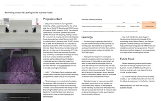 Maximising product life  scaling circular business models
Progress: collect
— Our post-consumer, in-store garment
collecting initiative was disrupted for the whole
year due to Covid-19. We gathered 15,944 tonnes
of material (18,800 tonnes in 2020). The initiative
collects post-consumer garments and home
textiles for reuse and recycling, making it easier
for consumers to recycle and demonstrating that
these resources have value. We work with I:CO
to collect and sort garments, with 50-60% sorted
for re-wear and reuse and 35-45% recycled to
become products for other industries or made
into new fibres. We continued collaborating with
partners to make use of the remaining 3-7% that,
as a last resort, had to be disposed of another
way, prioritising incineration for energy recovery
and never sending textiles to landfill. For
example, we’re collaborating with Really to
create new garment collecting boxes from
recycled textiles. Read more about our efforts
increase the share of recycled textiles we use,
and scale recycling technologies.
— ARKET's Patchwork Denim collection used
vintage denim collected via the brand's recycling
programme to create unique, circular pieces.
— We showcased new recycling technologies.
For example, HM ran events for customers in
Sweden featuring its in-store Looop recycling
machine. Looop was awarded the Design Grand
Prix during the 2021 Cannes Lions International
Festival of Creativity. Read more about our
investments in new recycled materials and
technologies.
Learnings
— It is becoming increasingly clear that for
circular business models to help us reach our
climate goals, there needs to be significant
scaling and substitution of (rather than addition
to) existing business models, as outlined in a
2021 EMF report.
— Taking the first steps from resell pilots
towards a scalable solution has taught us a lot
about some of the hurdles to overcome if we
want to make resell a sustainable option at
scale. We need to build solutions that can help
close the gap between customer intentions and
actions to shop more sustainably. The current
lack of access to transparent, brand-agnostic
product information makes it difficult to provide
customers with consistent information.
— Weekday’s made-to-measure jeans pilot
saw fewer returns than for our regular, non-
customised jeans, helping us step towards
closer matching of production with sales. Now
that we have piloted the made-to-measure jeans
on demand production model, we will explore
how to scale the offering.
Garment collecting initiative
2019 2020 2021
Textiles collected in HM Group stores 29,005 tonnes 18,800 tonnes1
15,944 tonnes1
1) 	
Our garment collecting initiative was disrupted by the Covid-19 pandemic for part of the year in 2020 and for the full year in 2021.
— Our multi-brand online shop Itsapark
has developed extensive knowledge of the
sustainably driven fashion, beauty and lifestyle
segment. To better leverage this expertise,
Itsapark has been integrated into HM brand and
closed its customer facing operations. This will
allow learnings from Itsapark to be implemented
on a larger scale, increasing their impact.
Future focus
— We are developing internal performance
indicators to manage expansion of circular
business models at HM Group. We plan to
continue scaling resell, care, repair and other
circular access models.
— As we shift towards a more circular business
model, we are mindful of what this will mean for
the future of employment in the fashion industry.
Read more about our work with circular
business models.
CIRCUL AR  CLIMATE POSITIVE
HOW WE LEAD THE CHANGE
OUR APPROACH TO SUSTAINABILIT Y FAIR  EQUAL SUPPLY CHAIN MANAGEMENT HOW WE REPORT
HIGHLIGHTS 2021
P.43	 TR ANSPARENT REPORTING SINCE 2002
 