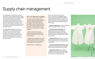 As a global fashion company with an extensive
supply chain, we have a responsibility to manage
our supply chain impacts. We work with suppliers
to move beyond compliance and towards
continuously improving environmental and
social performance. We have the most influence
where our relationships are strongest. That’s
why we focus on building long-term partnerships
with suppliers who share our vision for a more
sustainable industry.
Our Sustainability Commitment outlines our
expectations. This includes compliance with
minimum requirements and international
standards, and the aspiration to go beyond
compliance for lasting impacts. We require all
suppliers and business partners to sign and
adhere to our Sustainability Commitment and
our Code of Ethics.
We monitor compliance and measure
performance using our Sustainable Impact
Partnership Programme (SIPP). We use SIPP to
support suppliers in raising environmental and
social performance while encouraging them to
take ownership of their sustainability agenda.
SIPP includes:
— Minimum requirements. Assessments for new
suppliers and ongoing follow-up checks.
— Self-assessment and validation. Self-
assessment through tools including the
Sustainable Apparel Coalition’s (SAC) Higg
Facility Environmental Module (FEM) and Higg
Facility Social and Labor Module (FSLM), verified
by a third party.
— Capacity building. Identifying priority areas
and setting goals for improvements. Actioned
through targeted support or wider topic-based
programmes.
— Grievance mechanisms and worker voice.
Ensuring effective opportunities for workers to
report concerns and have their voices heard.
— Dealing with incidents. Recording and
investigating potential incidents. Following up
confirmed non-compliance cases with a letter
of concern and corrective action plan.
Supply chain management
How we describe suppliers
Our supply chain has different levels or
“tiers” that materials pass through during
production. We group suppliers into
tiers based on their role in production.
Sometimes there is overlap between the
tiers, where multiple supplier tiers can be
involved in the same production stage.
We work most closely with tier 1 and tier 2
suppliers:
— Tier 1. Includes manufacturing
suppliers and subcontracted factories,
who make products by cutting, sewing
and processing.
— Tier 2. Primarily suppliers who provide
the fabrics, yarns and trims for products,
including spinning, tanning, weaving and
fabric dyeing and printing factories.
Read more about our supplier tiers.
P.66	 TR ANSPARENT REPORTING SINCE 2002
SUPPLY CHAIN MANAGEMENT
HOW WE LEAD THE CHANGE
OUR APPROACH TO SUSTAINABILIT Y CIRCUL AR  CLIMATE POSITIVE FAIR  EQUAL HOW WE REPORT
HIGHLIGHTS 2021
 