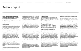 Auditor’s report
Auditor’s Assurance Report on specified
sustainability information in H  M Group’s
Sustainability Disclosure 2021 report
To H  M Hennes  Mauritz AB, corporate identity
number 556042-7220
Introduction
We have been engaged by the Board of Directors
and Executive Management of HM Hennes 
Mauritz AB (HM Group) to perform a limited
assurance engagement on selected information,
presented in the HM Group’s ‘Sustainability
Disclosure 2021 report’, ‘Material Issues 2021’,
‘Materiality Matrix 2021’ and ‘Stakeholder
Engagement 2021’ with regards to the below
disclosures referred to in the GRI index that
can be found in the ‘GRI content index 2021’.
Reporting principles can be found in ‘How we
Report 2021’.
— Approach to stakeholder engagement
(Disclosure 2-29), reported in ‘Stakeholder
Engagement 2021’, ‘Material Issues 2021’ and on
pages 10-11 in the ‘Sustainability Disclosure 2021
report’.
— Process to determine material topics and list
of material topics (Disclosures 3.1, 3.2), reported
in ‘Material Issues 2021’, ‘Materiality Matrix 2021’,
‘How we report 2021’ and on pages 49 and 70-71
in the ‘Sustainability Disclosure 2021 report’.
— Energy:
Energy consumption within the organization and
percentage of renewable energy (Disclosure
302-1), page 23 in the ‘Sustainability Disclosure
2021 report. Energy intensity (Disclosure 302-3),
page 23 in the ‘Sustainability Disclosure 2021
report’.
— Emissions:
Direct (Scope 1) GHG emissions (Disclosure 305-1),
page 22 in the ‘Sustainability Disclosure 2021
report’. Energy indirect (Scope 2) GHG emissions
(Disclosure 305-2), page 22 in the ‘Sustainability
Disclosure 2021 report’. Other indirect (Scope
3) GHG emissions, limited to transportation and
garment production (part of Disclosure 305-3),
page 22 in the ‘Sustainability Disclosure 2021
report’.
— Materials:
Materials used by weight or volume, limited to
cotton and top three recycled materials (part of
Disclosure 301-1), page 31-32 in the ‘Sustainability
Disclosure 2021 report’.
— Anti-corruption:
Confirmed incidents of non-compliance with
the Code of Ethics and actions taken (Disclosure
205-3), reported on page 56 in the ‘Sustainability
Disclosure 2021 report’.
Responsibilities of the
Board of Directors and the
Executive Management for
the Sustainability Report
The Board of Directors and the Executive
Management are responsible for the preparation
of the Sustainability Report in accordance with
the applicable criteria, as explained on page
70 in the Sustainability Disclosure 2021 report,
and are the parts of the Sustainability Reporting
Guidelines published by GRI (Global Reporting
Initiative) which are applicable to the Sustainability
Report, as well as the accounting and calculation
principles that the Company has developed. This
responsibility also includes the internal control
relevant to the preparation of a Sustainability
Report that is free from material misstatements,
whether due to fraud or error.
Responsibilities of the auditor
Our responsibility is to express a conclusion on
the above specified disclosures in the specified
documents based on the limited assurance
procedures we have performed. The selection of
disclosures to be reviewed has been made by the
management of HM Group. Our engagement
is limited to the above specified information,
which does not include web-links, and is limited
to historical information presented and does
therefore not cover future-oriented information.
We conducted our limited assurance
engagement in accordance with ISAE 3000
Assurance Engagements Other than Audits or
Reviews of Historical Financial Information.
A limited assurance engagement consists of
making inquiries, primarily of persons responsible
for the preparation of the Sustainability
Report, and applying analytical and other
limited assurance procedures. The procedures
performed in a limited assurance engagement
vary in nature from, and are less in extent than for,
a reasonable assurance engagement conducted
in accordance with International Standards on
Auditing and other generally accepted auditing
standards in Sweden.
P.72	 TR ANSPARENT REPORTING SINCE 2002
HOW WE REPORT
HOW WE LEAD THE CHANGE
OUR APPROACH TO SUSTAINABILIT Y CIRCUL AR  CLIMATE POSITIVE FAIR  EQUAL SUPPLY CHAIN MANAGEMENT
HIGHLIGHTS 2021
 