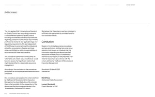 Auditor’s report
The firm applies ISQC 1 (International Standard
on Quality Control) and accordingly maintains
a comprehensive system of quality control
including documented policies and procedures
regarding compliance with ethical requirements,
professional standards and applicable legal and
regulatory requirements. We are independent
of HM Group in accordance with professional
ethics for accountants in Sweden and have
otherwise fulfilled our ethical responsibilities in
accordance with these requirements.
The procedures performed consequently do
not enable us to obtain assurance that we would
become aware of all significant matters that
might be identified in a reasonable assurance
engagement.
Accordingly, the conclusion of the procedures
performed do not express a reasonable assurance
conclusion.
Our procedures are based on the criteria defined
by the Board of Directors and the Executive
Management as described above. We consider
these criteria suitable for the preparation of the
above specified disclosures presented in the
‘Sustainability Disclosure 2021 report’.
We believe that the evidence we have obtained is
sufficient and appropriate to provide a basis for
our conclusion below.
Conclusion
Based on the limited assurance procedures
we have performed, nothing has come to our
attention that causes us to believe that the
information regarding the above specified
disclosures in HM Group’s ‘Sustainability
Disclosure 2021 report’, is not prepared, in all
material respects, in accordance with the
criteria defined by the Board of Directors and
Executive Management.
Stockholm 25 March 2022
Deloitte AB
Didrik Roos		
Authorized Public Accountant
Lennart Nordqvist		
Expert Member of FAR
P.73	 TR ANSPARENT REPORTING SINCE 2002
HOW WE REPORT
HOW WE LEAD THE CHANGE
OUR APPROACH TO SUSTAINABILIT Y CIRCUL AR  CLIMATE POSITIVE FAIR  EQUAL SUPPLY CHAIN MANAGEMENT
HIGHLIGHTS 2021
 