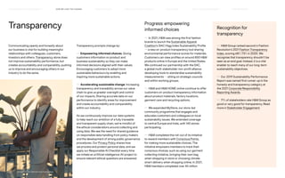 Recognition for
transparency
— HM Group ranked second in Fashion
Revolution’s 2021 Fashion Transparency
Index, scoring 68% (73% in 2020). We
recognise that transparency shouldn’t be
seen as an end goal. Instead, it is a vital
enabler to reach many of our long-term
sustainability objectives.
— Our 2019 Sustainability Performance
Report was named first runner-up in the
honesty and transparency category at
the 2021 Corporate Responsibility
Reporting Awards.
— 71% of stakeholders rate HM Group as
good or very good for transparency. Read
more in Stakeholder Engagement.
Transparency prompts change by:
— Empowering informed choices. Giving
customers information on product and
business sustainability so they can make
informed decisions aligned with their values.
Encouraging customers to adopt more
sustainable behaviours by enabling and
inspiring more sustainable actions.
— Accelerating sustainable change. Increasing
transparency and traceability across our value
chain to give us greater oversight and control
of our impacts. Sharing accurate data on our
performance to identify areas for improvement
and create accountability and comparability
within our industry.
As we continuously improve our data systems
to help reach our ambition of a fully traceable
and transparent supply chain, we’re mindful of
the ethical considerations around collecting and
using data. We see the need for shared guidance
on responsible data handling from policy makers
and the development of strong public governance
procedures. Our Privacy Policy shares how
we process and protect personal data, and we
apply our Responsible AI Checklist every time
we initiate an artificial intelligence (AI) project to
ensure relevant ethical questions are answered.
Communicating openly and honestly about
our business is vital for building meaningful
relationships with colleagues, customers,
investors and others. Transparency alone does
not improve sustainability performance, but
creates accountability and comparability, pushing
us to improve and encouraging others in our
industry to do the same.
Progress: empowering
informed choices
— In 2021, HM was among the first fashion
brands to launch the Sustainable Apparel
Coalition’s (SAC) Higg Index Sustainability Profile
— a new on-product transparency tool sharing
environmental performance scores for materials.
Customers can view profiles on around 850 HM
products online in Europe and the United States.
We continued our partnership with the SAC,
a global multi-stakeholder non-profit alliance
developing tools to standardise sustainability
measurements — sitting on strategic councils
and within working groups.
— HM and HM HOME online continue to offer
customers on-product transparency information
about product materials, factory locations,
garment care and recycling options.
— We expanded MyStore, our store-led
community programme that engages and
educates customers and colleagues on local
sustainability issues. We extended coverage
to central Europe and India, with 140 stores
participating.
— HM completed the roll-out of its initiative
to reward members with Conscious Points,
for making more sustainable choices. The
initiative empowers members to track their
conscious choices, such as using our garment
collecting initiative, bringing their own bag
when shopping in store or choosing climate-
smart delivery when shopping online. In 2021,
HM members completed over 45 million
Transparency
HOW WE LEAD THE CHANGE
OUR APPROACH TO SUSTAINABILIT Y CIRCUL AR  CLIMATE POSITIVE FAIR  EQUAL SUPPLY CHAIN MANAGEMENT HOW WE REPORT
HIGHLIGHTS 2021
P.8	 TR ANSPARENT REPORTING SINCE 2002
 