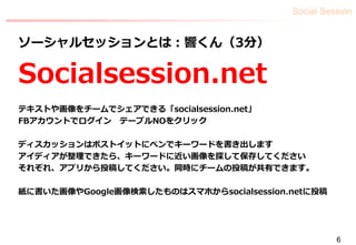 Social Session
6
ソーシャルセッションとは：響くん（3分）
Socialsession.net
テキストや画像をチームでシェアできる「socialsession.net」
FBアカウントでログイン テーブルNOをクリック
ディスカッションはポストイットにペンでキーワードを書き出します
アイディアが整理できたら、キーワードに近い画像を探して保存してください
それぞれ、アプリから投稿してください。同時にチームの投稿が共有できます。
紙に書いた画像やGoogle画像検索したものはスマホからsocialsession.netに投稿
 