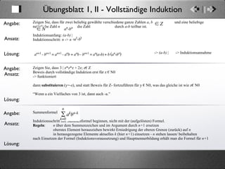 Übungsblatt 1, II - Vollständige Induktion Ansatz: Angabe: Lösung: Zeigen Sie, dass für zwei beliebig gewählte verschiedene ganze Zahlen  a ,  b   und eine beliebige natürliche Zahl  n     die Zahl   durch  a - b  teilbar ist. Induktionsanfang:  (a-b)  |  Induktionsschritt:  n  ->  n  +1 ->  (a-b)  |  -> Induktionsannahme Ansatz: Angabe: Lösung: Zeigen Sie, dass 3 | z*z*z + 2z; z€ Z Beweis durch vollständige Induktion erst für z € N0 -> funktioniert dann  substituieren  (y=-z), und statt Beweis für Z- fortzuführen für y € N0, was das gleiche ist wie z€ N0 “ Wenn a ein Vielfaches von 3 ist, dann auch -a.”  Ansatz: Angabe: Lösung: Summenformel Induktionsschritt mit Summenformel beginnen, nicht mit der (aufgelösten) Formel. Regeln : n  über dem Summenzeichen und im Argument durch  n+ 1 ersetzen oberstes Element herausziehen bewirkt Erniedrigung der oberen Grenze (zurück) auf  n in herausgezogene Elemente aktuelles  k  (hier  n+ 1) einsetzen -  n  stehen lassen/ beibehalten nach Einsetzen der Formel (Induktionsvoraussetzung) und Hauptnennerbildung erhält man die Formel für  n+ 1 