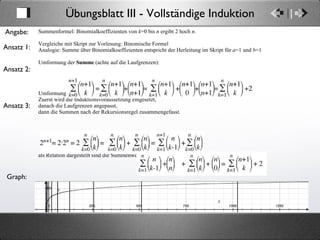 Übungsblatt III - Vollständige Induktion Ansatz 1: Angabe: Graph: Summenformel: Binomialkoeffizienten von  k =0 bis  n  ergibt 2 hoch  n . Vergleiche mit Skript zur Vorlesung: Binomische Formel Analogie: Summe über Binomialkoeffizienten entspricht der Herleitung im Skript für  a =1 und  b =1 Umformung der  Summe  (achte auf die Laufgrenzen): Umformung der  Formel: Zuerst wird die Induktionsvoraussetzung eingesetzt, danach die Laufgrenzen angepasst, dann die Summen nach der Rekursionsregel zusammengefasst. als Relation dargestellt sind die Summenwerte für  n =1 ...  n =9 und die Exponentialfunktion 2 hoch  n Ansatz 2: Ansatz 3: 