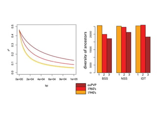 1 2 30 1 2 3
era
BSS NSS IDT
BSS NSS IDT
inv.simpson
010203040
Lancaster
Min13
Reid
Midland
S.dent
pop
0.0
0.1
0.2
0.3
0.4
0.5
d. e.
era
1 2 3 1 2 3 1 2 3
effective#ancestors
1 2 30 1 2 3
era
BSS NSS IDT
manhattandistance
050001500025000
040
0.3
0.4
0.5
c.b.
e.
era
1 2 3 1 2 3 1 2 3
diversityofancestorsexPVP
1960’s
1940’s
0 1 2 3
01234
6 snp 5 snp 8 snp 7 snp 10 snp 9 snp 15 snp 15 snp
era
ratioobserved/randomized 0
0.00.10.20.30.40.50.6
Moran’sI
BSSNSSIDT
manhattandistance
050001500025000
123123123
 