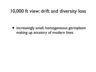 10,000 ft view: drift and diversity loss
• increasingly small, homogeneous germplasm
making up ancestry of modern lines
 