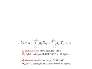 aj, additive effect of the jth GERP-SNP;
Xij, 0-1-2 coding of jth GERP-SNP on ith hybrid;
dj, dominance effect of the jth GERP-SNP;
Wij, 0-1-0 coding of jth GERP-SNP on ith hybrid.
 