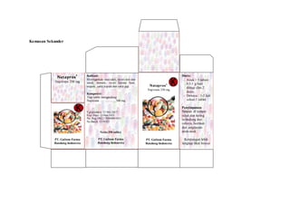 Kemasan Sekunder
PT. Gultom Farma
Bandung-Indonesia
Dosis:
- Anak > 5 tahun :
0,5-1 g/hari
dibagi dlm 2
dosis
- Dewasa : 1-2 kali
sehari 1 tablet
Penyimpanan:
Simpan di tempat
sejuk dan kering
terlindung dari
cahaya. Jauhkan
dari jangkauan
anak-anak.
Keterangan lebih
lengkap lihat brosur
Netto 350 tablet
PT. STFI Medica
Farma
Bandung-
Indonesia
Nataprox®
Naproxen 250 mg
PT. Gultom Farma
Bandung-Indonesia
Indikasi:
Meringankan rasa sakit, nyeri otot dan
sendi, demam, nyeri karena haid,
migren, sakit kepala dan sakit gigi.
Komposisi:
Tiap tablet mengandung:
Naproxen .....................500 mg
Tgl produksi: 23 Mei 2017
Exp. Date: 23 Mei 2022
No. Reg. DKL1700400410A1
No Batch: T170523
Netto 350 tablet
PT. Gultom Farma
Bandung-Indonesia
Nataprox®
Naproxen 250 mg
 