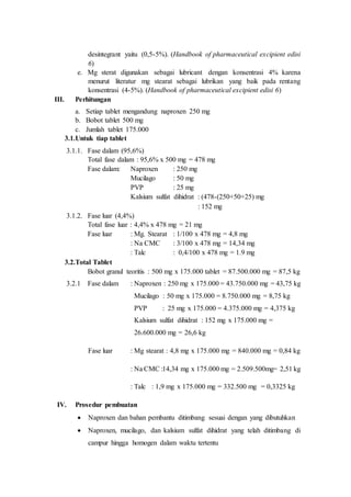 desintegrant yaitu (0,5-5%). (Handbook of pharmaceutical excipient edisi
6)
e. Mg sterat digunakan sebagai lubricant dengan konsentrasi 4% karena
menurut literatur mg stearat sebagai lubrikan yang baik pada rentang
konsentrasi (4-5%). (Handbook of pharmaceutical excipient edisi 6)
III. Perhitungan
a. Setiap tablet mengandung naproxen 250 mg
b. Bobot tablet 500 mg
c. Jumlah tablet 175.000
3.1.Untuk tiap tablet
3.1.1. Fase dalam (95,6%)
Total fase dalam : 95,6% x 500 mg = 478 mg
Fase dalam: Naproxen : 250 mg
Mucilago : 50 mg
PVP : 25 mg
Kalsium sulfat dihidrat : (478-(250+50+25) mg
: 152 mg
3.1.2. Fase luar (4,4%)
Total fase luar : 4,4% x 478 mg = 21 mg
Fase luar : Mg. Stearat : 1/100 x 478 mg = 4,8 mg
: Na CMC : 3/100 x 478 mg = 14,34 mg
: Talc : 0,4/100 x 478 mg = 1.9 mg
3.2.Total Tablet
Bobot granul teoritis : 500 mg x 175.000 tablet = 87.500.000 mg = 87,5 kg
3.2.1 Fase dalam : Naproxen : 250 mg x 175.000 = 43.750.000 mg = 43,75 kg
Mucilago : 50 mg x 175.000 = 8.750.000 mg = 8,75 kg
PVP : 25 mg x 175.000 = 4.375.000 mg = 4,375 kg
Kalsium sulfat dihidrat : 152 mg x 175.000 mg =
26.600.000 mg = 26,6 kg
Fase luar : Mg stearat : 4,8 mg x 175.000 mg = 840.000 mg = 0,84 kg
: Na CMC :14,34 mg x 175.000 mg = 2.509.500mg= 2,51 kg
: Talc : 1,9 mg x 175.000 mg = 332.500 mg = 0,3325 kg
IV. Prosedur pembuatan
 Naproxen dan bahan pembantu ditimbang sesuai dengan yang dibutuhkan
 Naproxen, mucilago, dan kalsium sulfat dihidrat yang telah ditimbang di
campur hingga homogen dalam waktu tertentu
 