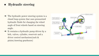 ● Hydraulic steering
➔ The hydraulic power steering system is a
closed loop system that uses pressurized
hydraulic fluids for changing the wheel
angle of front wheels based on steering
angle.
➔ It contains a hydraulic pump driven by a
belt, valves, cylinder, reservoir and a
driver control mechanism(rack &
pinion/steering gearboxes)
 