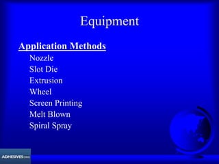 Equipment
Application Methods
Nozzle
Slot Die
Extrusion
Wheel
Screen Printing
Melt Blown
Spiral Spray
 