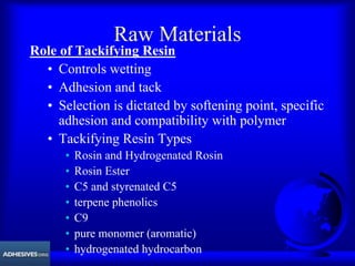Raw Materials
Role of Tackifying Resin
• Controls wetting
• Adhesion and tack
• Selection is dictated by softening point, specific
adhesion and compatibility with polymer
• Tackifying Resin Types
• Rosin and Hydrogenated Rosin
• Rosin Ester
• C5 and styrenated C5
• terpene phenolics
• C9
• pure monomer (aromatic)
• hydrogenated hydrocarbon
 