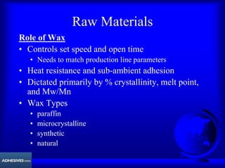 Raw Materials
Role of Wax
• Controls set speed and open time
• Needs to match production line parameters
• Heat resistance and sub-ambient adhesion
• Dictated primarily by % crystallinity, melt point,
and Mw/Mn
• Wax Types
• paraffin
• microcrystalline
• synthetic
• natural
 