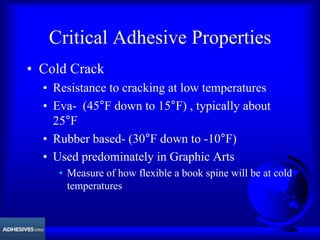 Critical Adhesive Properties
• Cold Crack
• Resistance to cracking at low temperatures
• Eva- (45°F down to 15°F) , typically about
25°F
• Rubber based- (30°F down to -10°F)
• Used predominately in Graphic Arts
• Measure of how flexible a book spine will be at cold
temperatures
 