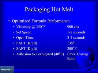 Packaging Hot Melt
• Optimized Formula Performance
• Viscosity @ 350°F 900 cps
• Set Speed 1-2 seconds
• Open Time 3-4 seconds
• PAFT (Kraft) 135°F
• SAFT (Kraft) 200°F
• Adhesion to Corrugated (40°F) Fiber Tearing
Bond
 
