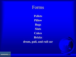 Forms
Pellets
Pillow
Bags
Slats
Cakes
Bricks
drum, pail, and rail car
 
