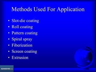 Methods Used For Application
• Slot-die coating
• Roll coating
• Pattern coating
• Spiral spray
• Fiberization
• Screen coating
• Extrusion
 