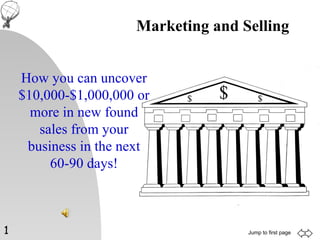 How you can uncover $10,000-$1,000,000 or more in new found sales from your business in the next 60-90 days! Marketing and Selling   