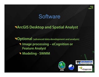 Software
ArcGIS Desktop and Spatial Analyst

Optional (advanced data development and analysis)
    Image processing – eCognition or
    Feature Analyst
    Modeling - SWMM
 