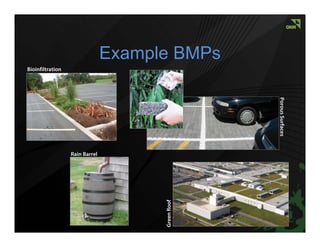 Example BMPs
Bioinfiltration




                                                   Porous Surfaces
                  Rain Barrel

                                      Green Roof
 
