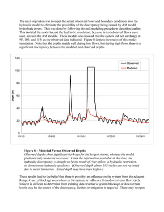 The next step taken was to input the actual observed flows and boundary conditions into the
hydraulic model to eliminate the possibility of the discrepancy being caused by AM model
hydrologic errors. This was done by following the null modeling procedures described earlier.
This isolated the model to just the hydraulic simulation, because actual observed flows were
used, and not the AM models. These models also showed that the system did not surcharge at
9P, 10P, and 11P, as the observed data indicated. Figure 8 depicts the results of this model
simulation. Note that the depths match well during low flows, but during high flows there is a
significant discrepancy between the modeled and observed depths.




   Figure 8 – Modeled Versus Observed Depths
   Observed depths show significant back-ups for the largest storms, whereas the model
   predicted only moderate increases. From the information available at this time, the
   hydraulic discrepancy is thought to be the result of river inflow, a hydraulic restriction,
   or downstream hydraulic gradients. (Observed depth above 105-inches are not recorded
   due to meter limitation. Actual depth may have been higher.)

These results lead to the belief that there is possibly an influence on the system from the adjacent
Rouge River, a blockage somewhere in the system, or influence from downstream flow levels.
Since it is difficult to determine from existing data whether a system blockage or downstream
levels may be the source of the discrepancy, further investigation is required. There may be open
 
