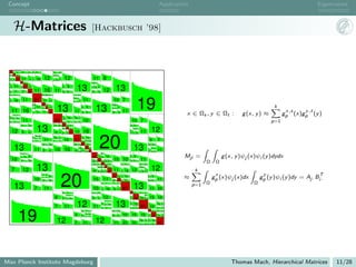 Concept                                                                                                                                                                                                                                                                                   Application                                                                Eigenvalues



              H-Matrices                                                                                                                                     [Hackbusch ’98]



          3       3




     22 7         10       14        8    11       9                                8           5
 3   7    19      10                                                            11      8


 3   10 10        31       11        11   9        16            12             8       15 8             12                                                       11 8
                       19       10                                                                                                                           11      8

     14

     8
              11
              11
                       10


                           11
                                31 11
                                     31       11
                                                             9
                                                                 16 11
                                                                      7
                                                                                                     6

                                                                                                     15
                                                                                                              5
                                                                                                              6
                                                                                                                             13                              8



                                                                                                                                                                 8
                                                                                                                                                                     15 9

                                                                                                                                                                          15            12                13
     11       8                                              3        3
                                                                           8                                            7        5




                                                                                                                                                                                                                                               19
                                                                                                                        13
                            11                61                                                                                              11                                                         10 7
                                                                                                                             8

     9        16                                                 11        11                                           8    11 8




                                                                                            13                                                                           13
                                                             25
                                          9

                                          7
                                               3




                                                   11        10
                                                                      10

                                                                      19   11                                                             6        5
                                                                                                                                                                                                     13
                                                                                                                                                                                                     8
                                                                                                                                                                                                          8

                                                                                                                                                                                                          11   9                                                                                                                               k
          11 16
                                               3




                                                                                                                            11                                                                                          11                                                                                                                           x,s       y ,t
          11      8
                                          8        11            11        31                                                             15       6                                                 9         15
                                                                                                                                                                                                                                                                                                     x ∈ Ωs , y ∈ Ωt :          g (x, y ) ≈         gp     (x)gp (y )
     8    8       15                                                                                 10       10        15       9

     5        8             11                                                       61              3




                                                                                                     6        14        9        11           10                                                                                  10 7                                                                                                        p=1
                                                       13
                           6         15                                             10      3   6    25   10       6                                                                                                          13       8


          12               5         6                                              10          14 6
                                                                                                     10   19


                                                                                                          10
                                                                                                                   10


                                                                                                                   31       10                16                                                                              9
                                                                                                                                                                                                                                   11



                                                                                                                                                                                                                                   8
                                                                                                                                                                                                                                           8


                                                                                                                                                                                                                                           15        11                   12

                                                                                                                                                                              20
                                                   13   8
                                          7        8    11                          15          9                                         10       10
                                          5        8             11                 8           11       10                 51            7    9
                                                                                                                                               3
                                                                                                                                                        7
                                                                                                                                                        3
                                                                                                                                                                                                                                                                         9             7
                                                                 6         15                                           10                25       11                                                                                                                        8

              13                                                                                                                                                                                                                       13
                                                                                                                                 7                                                                                                                                   13


                                              11                 5         6         10 16                              10
                                                                                                                                 9

                                                                                                                                 7
                                                                                                                                      3




                                                                                                                                      3
                                                                                                                                          11
                                                                                                                                               25
                                                                                                                                               10
                                                                                                                                                        10

                                                                                                                                                        19                                                                                                           9
                                                                                                                                                                                                                                                                          13
                                                                                                                                                                                                                                                                          8
                                                                                                                                                                                                                                                                                  8

                                                                                                                                                                                                                                                                                  11
                                                                                                                                                                                                                                                                                       11
                                                                                                                                                                                                                                                                                                    Mji =               g (x, y )ψj (x)ψi (y )dydx
                       11       8                                                                                                                                              3   7


                       8        15   8                                                                                                                           39       10       10       10                                6        5
          10
                                                                                                                                                                               3




                                                                                                                                                                                                         15 10                                       11
                           9         15                                                                                                                      3
                                                                                                                                                                 10  3
                                                                                                                                                                          25 7          10
                                                                                                                                                                                        3
                                                                                                                                                                                                6
                                                                                                                                                                                                3
                                                                                                                                                                                                                              13       6
                                                                                                                                                                                                                                                                                                               Ω    Ω
                                                       13
                                                                                                                                                             7       10   7        22 7         10                  11   9                          8           5



          7                 12                                                                                                                                   10
                                                                                                                                                                          10


                                                                                                                                                                          6
                                                                                                                                                                               3




                                                                                                                                                                               3
                                                                                                                                                                                   7


                                                                                                                                                                                   10 10
                                                                                                                                                                                        19      10


                                                                                                                                                                                                31       11         9    16       12
                                                                                                                                                                                                                                                11



                                                                                                                                                                                                                                                8
                                                                                                                                                                                                                                                        8


                                                                                                                                                                                                                                                        15 8
                                                                                                                                                                                                                                                                          12                              k
                                                                                                                                                                                                                                                                                                                    x                     y                           T

                                                                                                    20
                                                             13

                                                                                                                                                                                                                                                                                                                   gp (x)ψj (x)dx        gp (y )ψi (y )dy = Aj· Bi·
                                                                      8


                                              10
                                                             8


                                                                 9
                                                                      11   8
                                                                           15                                                                                     15                    11
                                                                                                                                                                                                     34
                                                                                                                                                                                                     10
                                                                                                                                                                                                               10

                                                                                                                                                                                                               25
                                                                                                                                                                                                                    13


                                                                                                                                                                                                                    7
                                                                                                                                                                                                                         10
                                                                                                                                                                                                                         11
                                                                                                                                                                                                                                                                     6

                                                                                                                                                                                                                                                                     13
                                                                                                                                                                                                                                                                             5
                                                                                                                                                                                                                                                                             6         11           ≈
                                                                                                                                                                                                                                                                                                               Ω                     Ω
              13                                                                                                                                                                                                                       13                                                                p=1
                                                                                                                                                                                   11       8        13        7



                                              7                  11                                                                                               10               9        16       10        11       61                                               11 23
                                                                                                     13       9                                                  6        13                                                  20       9            9           7
                                                                                                          11       8                                                                                                                                        3   7

                                                                                     9               8    8        15                                            5        6             12                                    9        39 10                3   10       15 10

                                                                                                                             12                                                                           13
                                                                                                                                                                                        11      8


                                                                                                                                                                                   8    8       15                            9        10                                              15   9

                                                                                     7                   11                                                       11               5        8                                 7
                                                                                                                                                                                                                                   3




                                                                                                                                                                                                                                   7
                                                                                                                                                                                                                                           3




                                                                                                                                                                                                                                           10        61 10                             9    11




                       19
                                                                                                                                          13       9                                                 6         13                                                    20      9         9    7


                                                                                                                            9             8
                                                                                                                                               13
                                                                                                                                               8
                                                                                                                                                        8
                                                                                                                                                        11                                           5         6        10        15                 10              9       34 10          13




                                                                                            12                              7                 11                         12                              11             23        10
                                                                                                                                                                                                                                                    15
                                                                                                                                                                                                                                                    8
                                                                                                                                                                                                                                                                9
                                                                                                                                                                                                                                                                11
                                                                                                                                                                                                                                                                     9
                                                                                                                                                                                                                                                                     7
                                                                                                                                                                                                                                                                             10
                                                                                                                                                                                                                                                                             13        51




Max Planck Institute Magdeburg                                                                                                                                                                                                                                                                                              Thomas Mach, Hierarchical Matrices              11/28
 