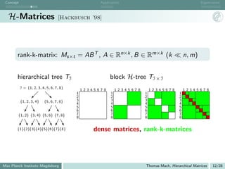 Concept                                            Application                                        Eigenvalues



   H-Matrices                      [Hackbusch ’98]




       rank-k-matrix: Ms×t = AB T , A ∈ Rn×k , B ∈ Rm×k (k                                     n, m)


       hierarchical tree TI                              block H-tree TI × I
           I = {1, 2, 3, 4, 5, 6, 7, 8}
                                              12345678        12345678       12345678          12345678
                                          1               1              1                 1
                                          2               2              2                 2
           {1, 2, 3, 4}   {5, 6, 7, 8}    3               3              3                 3
                                          4               4              4                 4
                                          5               5              5                 5
                                          6               6              6                 6
        {1, 2} {3, 4} {5, 6} {7, 8}       7               7              7                 7
                                          8               8              8                 8


       {1}{2}{3}{4}{5}{6}{7}{8}                   dense matrices, rank-k-matrices




Max Planck Institute Magdeburg                                           Thomas Mach, Hierarchical Matrices   12/28
 